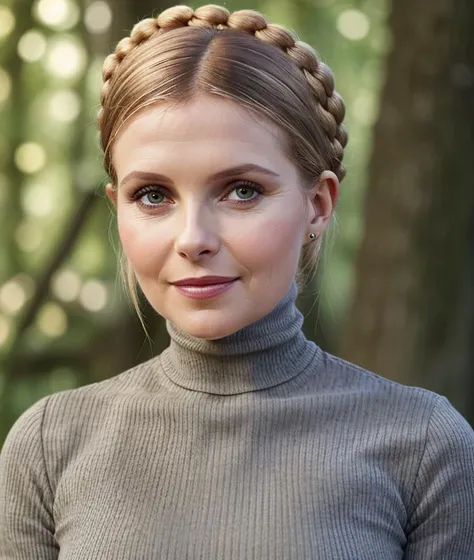 a close up of a woman with a braid in her hair