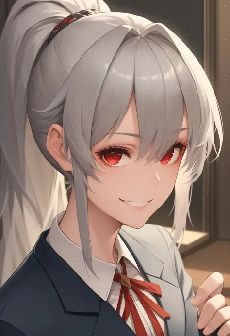 score_9, score_8_up, score_7_up, source_anime, 1girl,red eyes,smile, room, ponytail,grey hair, portrait, best quality,hand on hip,  blazer,  <lora:Dishwasher-Style-PonyXL:1>