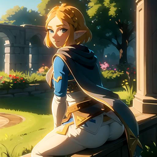 masterpiece,best quality,1girl, short hair, garden,zelda(princess),  (looking at front),  <lora:zelda_shorthair_v5:.6>, sit, butt on soil, back on wall, legs, pants,smile,crown, fit, cape,hold sword