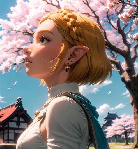 (best quality), detailed background, zelda(princess), 1girl, solo, short hair, <lora:zelda_shorthair_v5:0.6>,(white dress, dress:1.3), earring, necklace, (Japanese town, sakura trees), upper body, big detailed eyes, side view, looking up