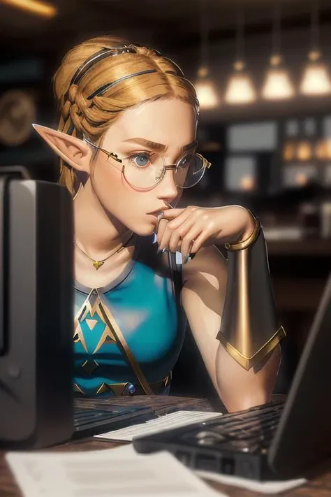 realistic premium quality portrait,
young hot and sexy nerdy hipster princess zelda with blonde short hair and elf ears, featuring huge horn-rimmed glasses, wearing a (lose black cropped tanktop:1.3) and tight sweatpants, sitting at a desk with a laptop,
t...