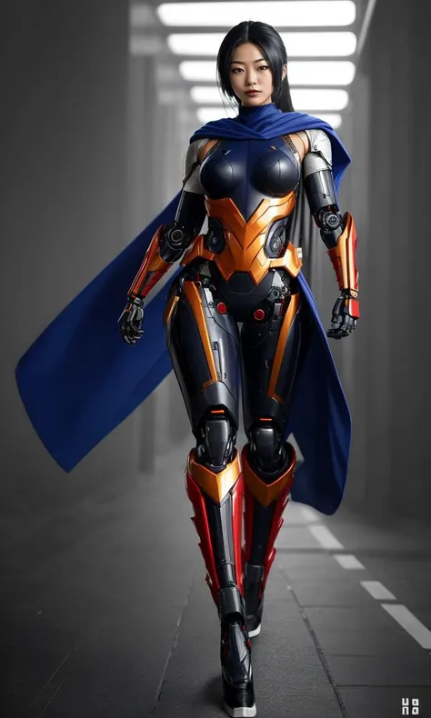 heromkr2023, best quality, masterpiece, full body, 1girl, vibrant colors, superhero,japanese, ninja, robotic arm,