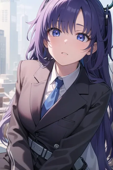 bluearchiveyuuka, <lyco:yuuka-lyco-nochekaiser:1>, 
yuuka, blue eyes, halo, purple hair, two side up, long hair,
BREAK belt, black gloves, (black suit:1.5), black skirt, blue necktie, gloves, halo, jacket, necktie, off shoulder, skirt, two-sided fabric, tw...