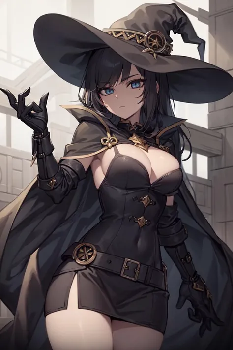 beautiful, masterpiece, best quality, extremely detailed face, perfect lighting, 1girl, solo, (black hair:1.2), (long straight hair:1.2), (blue eyes), blunt bang, mage, witch hat, dynamic pose, black cape, (black miniskirt), closed mouth, (slim:1.05), medi...