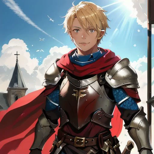 <lora:adventurer2.0-6:1>,fantasy, old town square , sunlight, 1boy, solo ,waist-up , walking, close-up ,armor, full armor, Mage Knight, looking at viewer, bright, shiny, smile, wind, cape, blonde, gauntlets, pauldrons, breastplate, belt