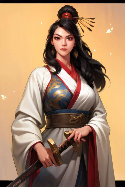 (4k,  best quality, highres:1.2), (masterpiece:1.37), 1girl, beautiful face, detailed eyes , large breasts, detailed hair, long hair,
dress, chinese clothes, print, black hair, red eyes , looking at viewer, sword, weapon, confident, holding weapon, standin...