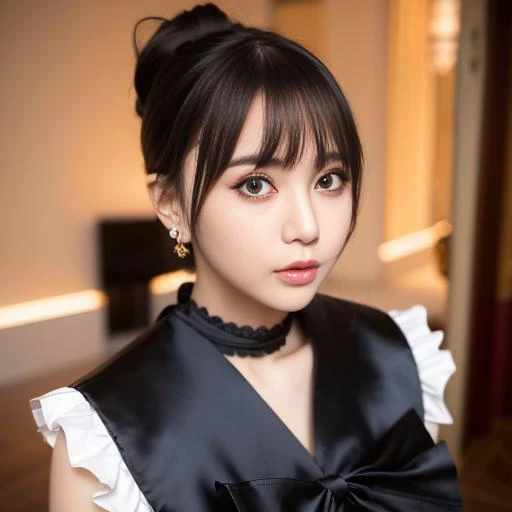 best quality, (photorealistic:1.2), 1girl, solo, shiny skin, detailed face, face focus, standing, black hair,(hair ornament:1.35), updo hair, japanese clothes, ribbon-trimmed sleeves, detached sleeves, ribbon trim, wide sleeves, (looking at viewer:1.5) , b...