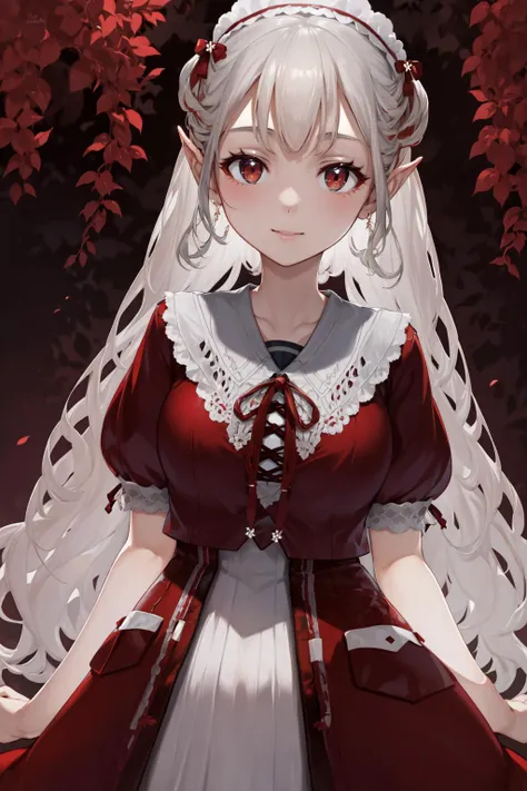 anime girl with long white hair and red dress in front of red leaves