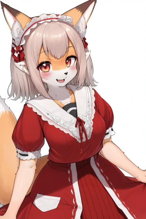 anime girl in red dress with a fox tail