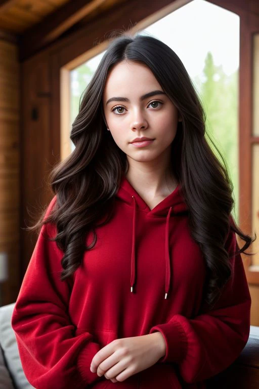 photo-referenced, portrait photo of beautiful Koh_FreyaTingley, wearing red hoodie, cozy attic hangout, sofas, pillows, slanted roof, hyperdetailed photography, soft light, head and breast portrait, best quality, (detailed beautiful face, detail skin textu...