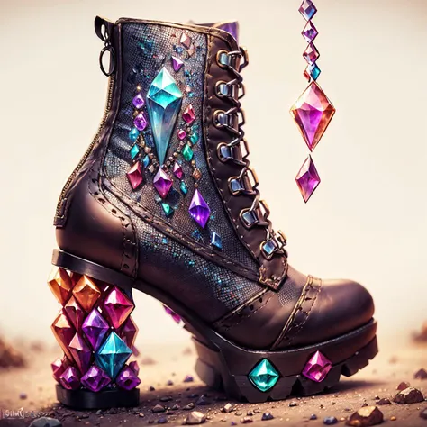 (GemStoneAI:1.2) : high heels, biker boots, product photo, design concept, intricate ; <lora:gemstoneai_v10:1>