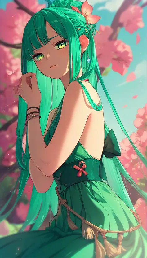 a woman with green hair and green eyes is standing in front of a tree