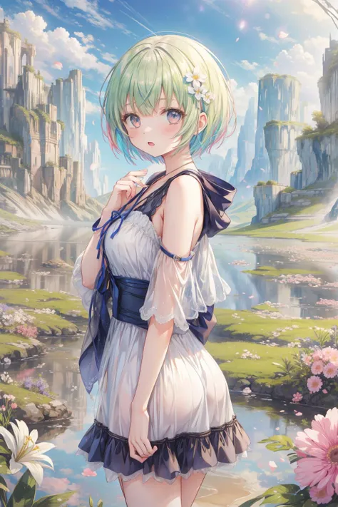 1girl, detailed Anime key visual of a behance, landscape of a [Smooth|Draconian] Jealous ([Savanna:Dagobah:4]:1.3) in the distance there is a Campground, desolate flower field and mountains, Hazy conditions, Fine art, Angry, intricate background, Barbiecor...