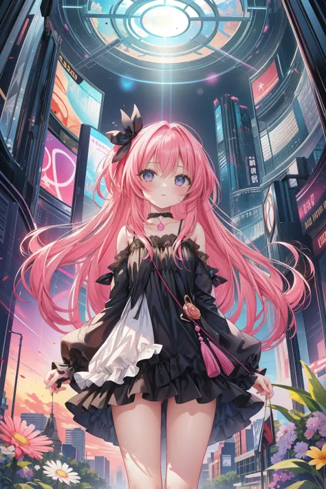 a girl with pink hair and a black dress stands in a city