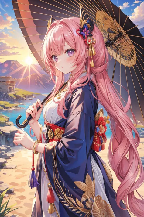 a woman with long pink hair holding an umbrella on a beach