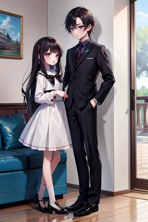 anime couple in formal attire standing next to each other in a living room