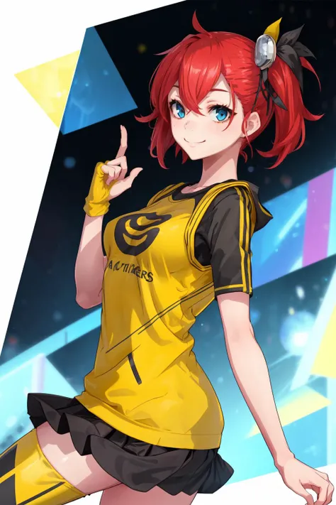 masterpiece,best quality,1girl,dscs-ami,blue eyes,hair ornament,side ponytail,red hair,short hair,hair between eyes,yellow shirt,yellow thighhighs,black skirt,smile,<lora:dscs-ami:0.5>,