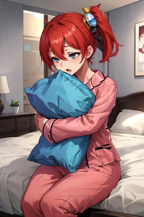 masterpiece,best quality,1girl,dscs-ami,blue eyes,hair ornament,side ponytail,red hair,short hair,hair between eyes,medium breasts,wide hips,thick thighs,closed eyes,yawning,(pajamas),pillow hug,on bed,bedroom,<lora:dscs-ami:0.5>,