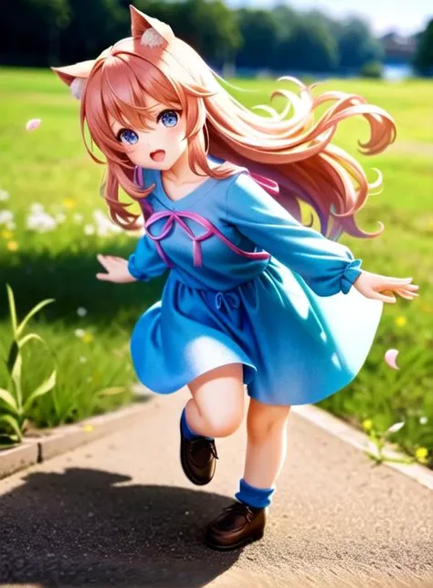 tilt shift lens, anime woman, full body, blue shirt, pink dress, blurry background