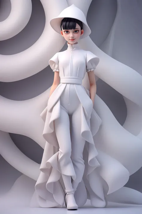 (masterpiece, top quality, best quality, official art, beautiful and aesthetic),solo,1girl,dark white dress,white bodysuit,white hair,light smile,(full body:1.4),frills,standing,hood,hat,abstract dark gray backdrop,bangs,legs,white stocking,high wheel shoe...