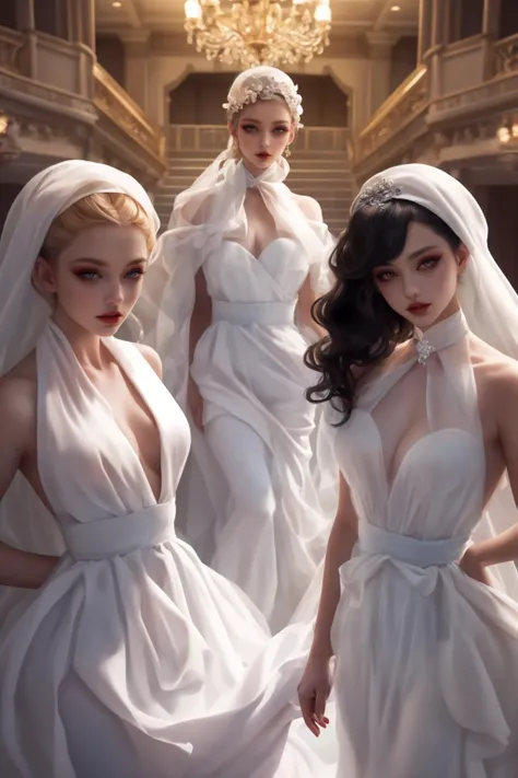 highres,absurdres,masterpiece,best quality,original,extremely detailed CG,extremely detailed wallpaper,perfect lighting,jitome,lips,makeup,standing on the stage,3girls,
<lora:white issey miyake:0.7>,white theme,