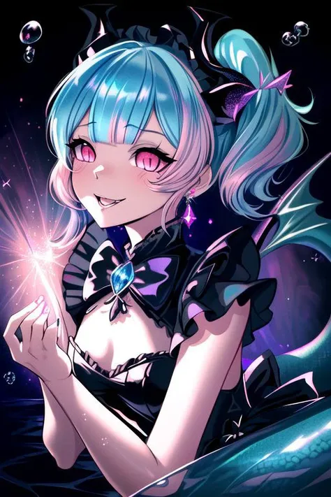 CorruptA, professional image of a cute young woman, (frilly elegant glossy dark holographic dress, crescent brooch, crescent earrings, crescent accessories:1.2),
(blue water dragon horns, blue water dragon tail:1.3), (short hair, side ponytail, hair above ...