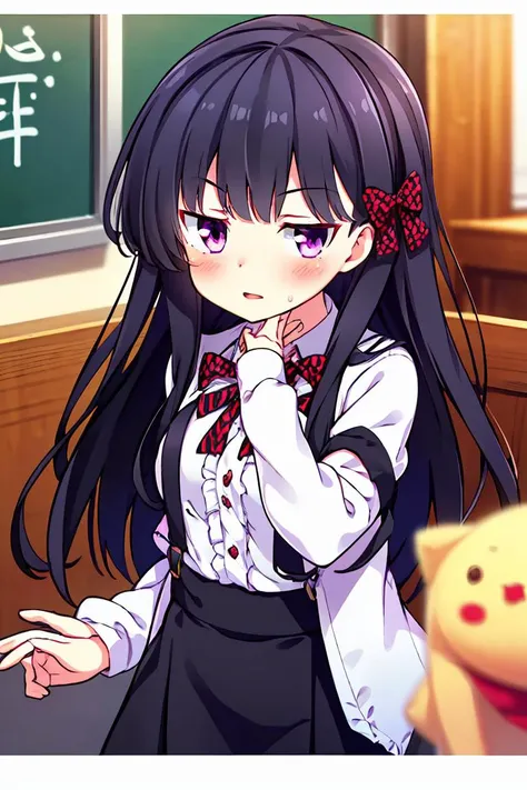 (masterpiece, best quality), 1girl,   <lora:zakuronanase-lora-nochekaiser:1> zakuro nanase, long hair, black hair, hair ornament, (purple eyes:1.1), hair bow, bangs, blunt bangs,| shirt, school uniform, white shirt, frills, red bow, plaid, center frills, p...