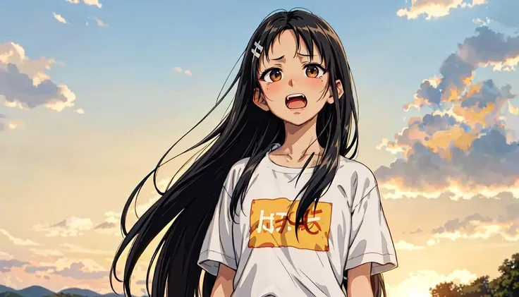 anime girl with long black hair standing in front of a sunset