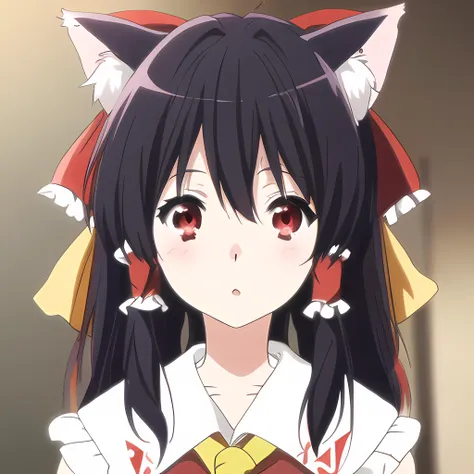 anime girl with long black hair and red eyes wearing a cat ears outfit