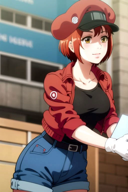 <lora:red blood cell ae3803 s1-lora-nochekaiser:1>, red blood cell ae3803, short hair, hair between eyes, (yellow eyes), ahoge, red hair, shirt, gloves, hat, jacket, belt, white gloves, black shirt, denim, denim shorts, mini shorts, red headwear, red jacke...