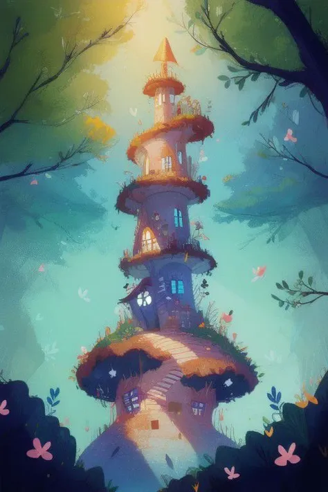 Alice in Wonderland theme, the mushroom tower, falling down, in the woods, no humans