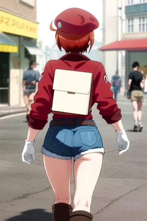 <lora:red blood cell ae3803 s1-lora-nochekaiser:1>, red blood cell ae3803, short hair, hair between eyes, ahoge, red hair, shirt, gloves, hat, jacket, belt, white gloves, black shirt, denim, shorts, mini shorts, red headwear, red jacket, jeans, cabbie hat,...