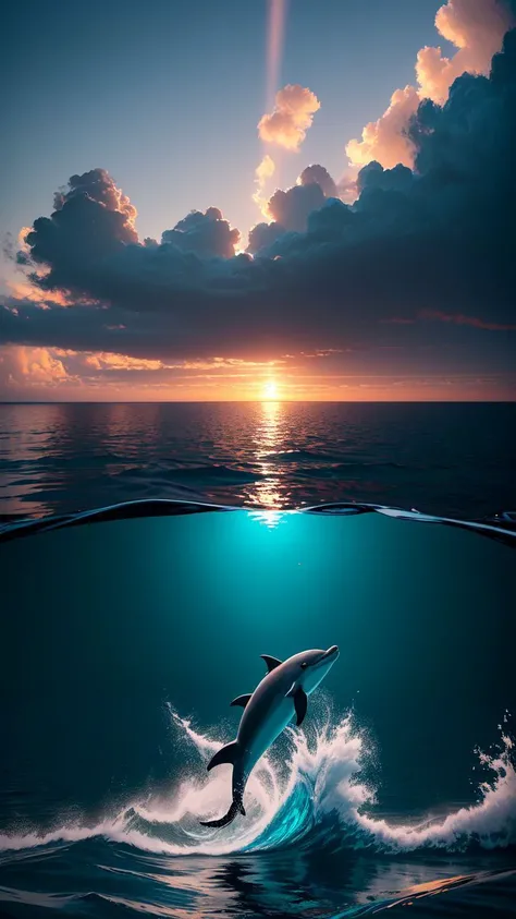 a dolphin coming out of the water,clouds,ocean,rtx,water reflections, <lora:smokeanywhere:1>, smokeanywhere, high contrast, epic cinematic, soft studio lights, rim light,ultra realistic, soft colors, 8K,