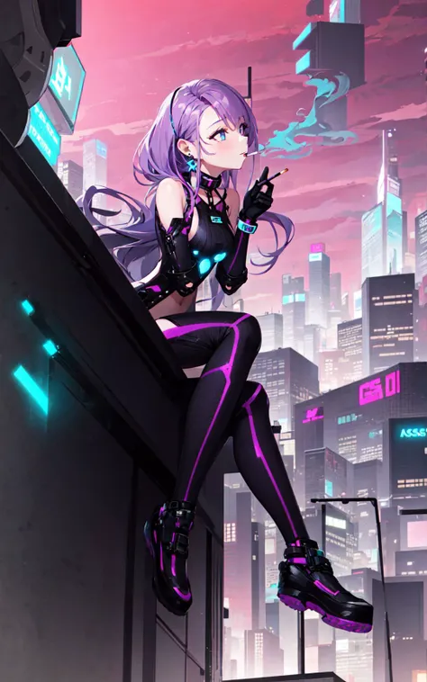 a woman sitting on a ledge in a city with a cityscape in the background