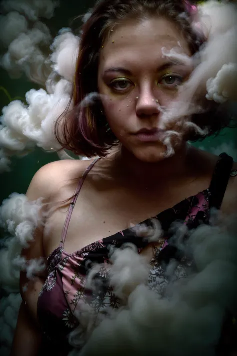 <lora:smokeanywhere:0.9> <lora:Maz3:0.95> puffy smokeanywhere (woman:1.1) yellow, pink highlights, (cinematic:0.5), smoke swirling green background