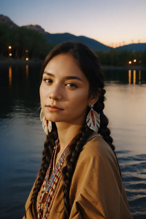 a woman with braids and earrings standing in front of a lake