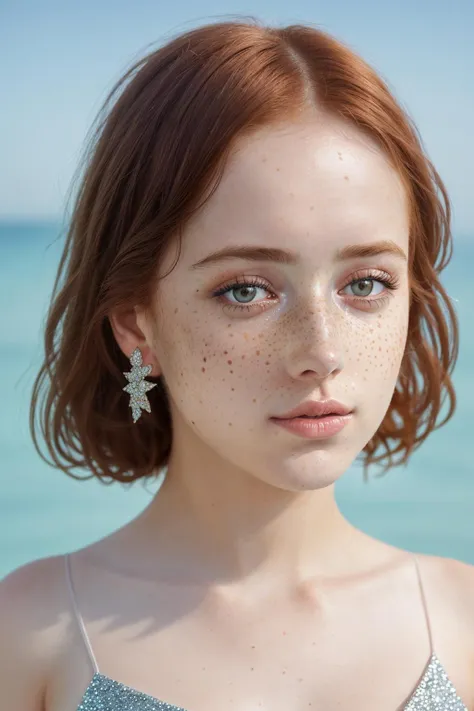 a woman with freckles and earrings standing in front of the ocean