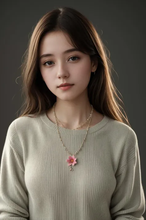 a woman wearing a sweater and necklace with a flower on it