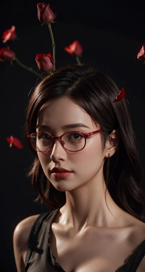 a woman wearing glasses and a black dress with red roses on her head