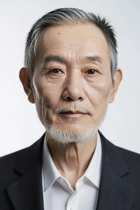 Realistic,Chinese old man portrait,upper body,short black hair,black eyes,indoors,white background,wearing a black suit,cool white lighting,looking at viewer,pale white beard,weathered facial wrinkles