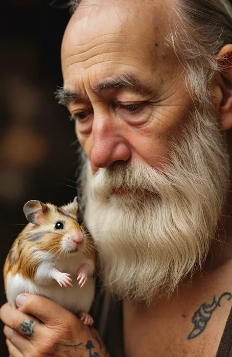 old man with his giant hamster,crying,realistic,looking at viewer,an old sage with a long beard,eyes that have seen centuries,celestial bodies tattooed on skin,natural shadow,depth of field,aesthetic,wise and enigmatic