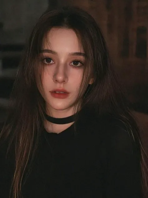 a woman with long hair and a choker on her neck