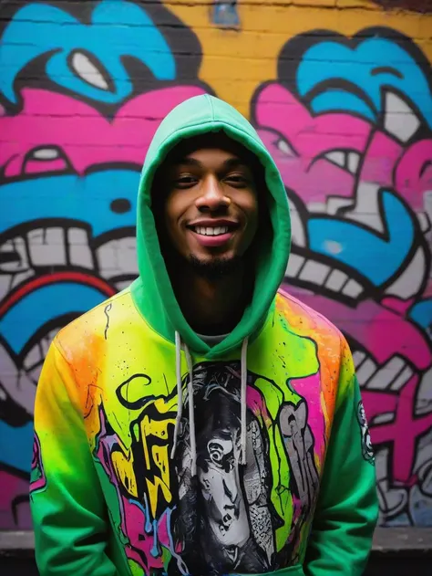 arafed man in a colorful hoodie standing in front of a graffiti wall