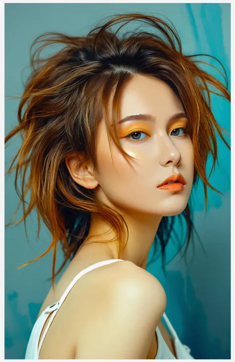 a woman with a bright orange lip and a messy hair