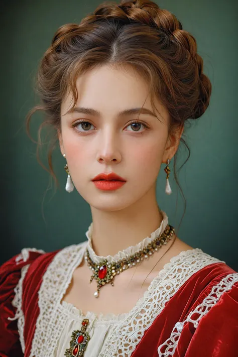 a woman in a red dress with a necklace and earrings