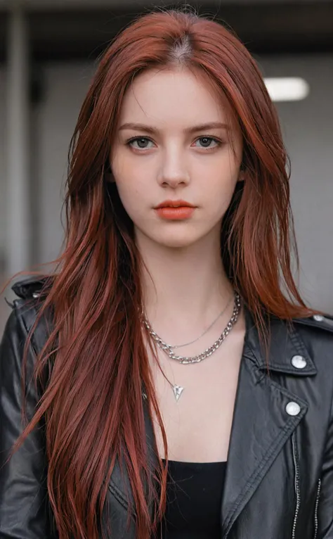 a woman with long red hair wearing a black jacket and necklace