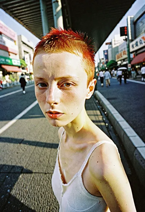 (masterpiece,best quality,ultra high res:1.2),(photo-realistic:1.3),(beautiful face,exquisite face,skin texture:1.2) full body portrait, (ultra-wide angle:1.25), 1 girl, (20 years old slim girl with red shaved hair), pale skin, tokyo street at day, cool l...
