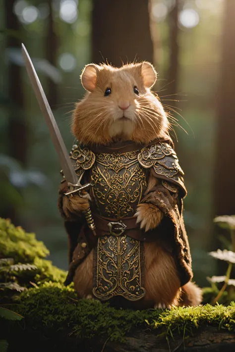 cinematic photo cinematic photo,extremely detailed fur,(holding a gleaming ornate sword:1.85),image of a wise old veteran hamster warrior wearing (shiny intricate armor:1.4) and a dark woolen cloak,haze,sparkles,glow effects,crepuscular rays,raw photo,8k,t...