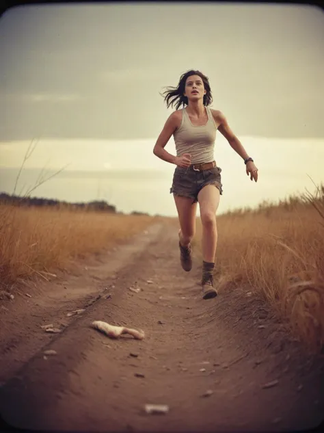 there is a woman running down a dirt road in a field