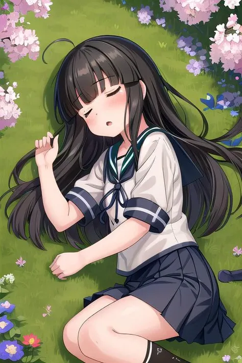 masterpiece,ultradetail, <lora:anmnr01:0.3>  <lora:add_detail:0.5>,<lora:GoodHands-vanilla:0.8>,1girl,petite1girl, hatsuyuki (kancolle), long hair, blunt bangs, serafuku, teal sailor collar, neckerchief, short sleeves, anchor symbol, <lora:hatsuyuki_nai_4:...